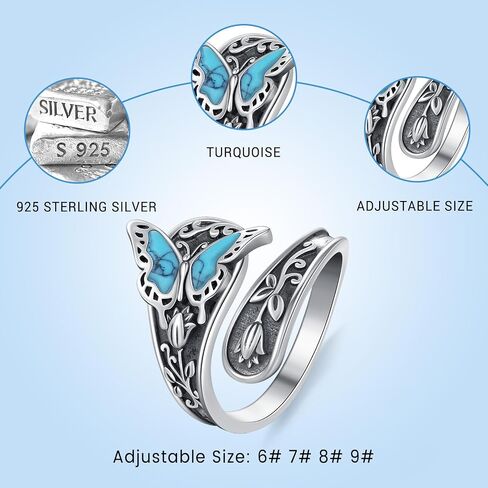 Sterling Silver Turquoise Rings for Women Vintage Adjustable Sunflower/Dragonfly/Butterfly Spoon Rings Boho Antique Statement Ring Jewelry Gifts in Saudi Arabia