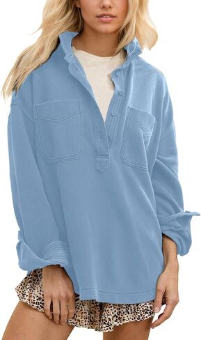 Locachy Women's Casual Oversized Polo Sweatshirt Lapel Long Sleeve Button Pullover Tops Fashion Outfits Clothes in Saudi Arabia