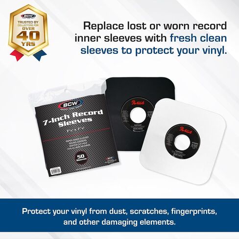 BCW 7 Inch Vinyl Record Paper Inner Sleeves - Round Corners - White | Pack of 50 | Protective LP Album Sleeves for Vinyl Storage and Preservation | Compatible with 45 RPM Albums in Saudi Arabia