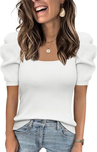 Womens Puff Short Sleeve Sweaters Square Neck Pullover Tops 2025 Summer Knit Dressy Blouse in Saudi Arabia