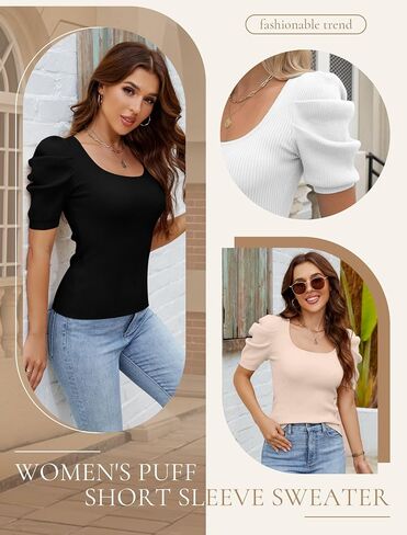 Womens Puff Short Sleeve Sweaters Square Neck Pullover Tops 2025 Summer Knit Dressy Blouse in Saudi Arabia