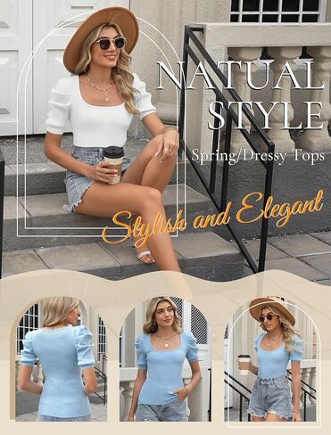 Womens Puff Short Sleeve Sweaters Square Neck Pullover Tops 2025 Summer Knit Dressy Blouse in Saudi Arabia
