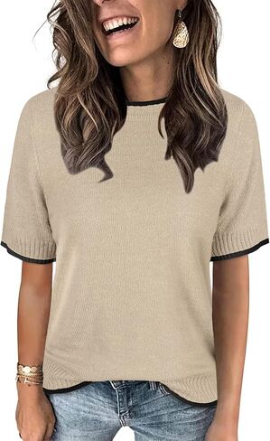 Womens Lightweight Cute Short Sleeve Sweater Spring 2025 Trendy Outfits Crewneck Thin Sheer Knit T-Shirt Tops in Kuwait