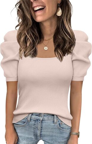 Womens Puff Short Sleeve Sweaters Square Neck Pullover Tops 2025 Summer Knit Dressy Blouse in Saudi Arabia