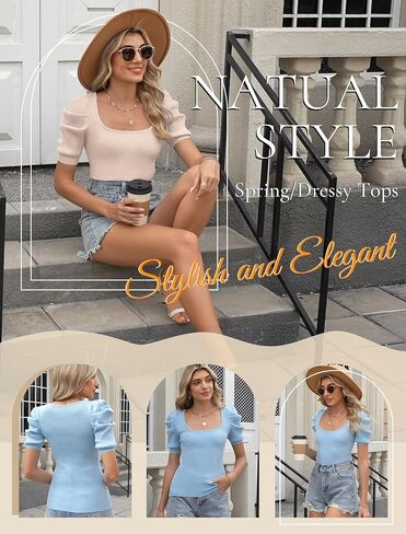 Womens Puff Short Sleeve Sweaters Square Neck Pullover Tops 2025 Summer Knit Dressy Blouse in Saudi Arabia