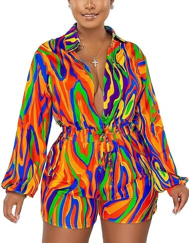 Women's Sexy Long Sleeve Rompers Deep V Neck Elastic Waisted Printed Shorts Jumpsuits One Piece Outfit in Kuwait