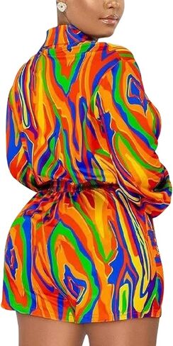 Women's Sexy Long Sleeve Rompers Deep V Neck Elastic Waisted Printed Shorts Jumpsuits One Piece Outfit in Kuwait