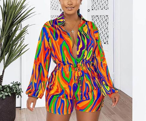 Women's Sexy Long Sleeve Rompers Deep V Neck Elastic Waisted Printed Shorts Jumpsuits One Piece Outfit in Kuwait