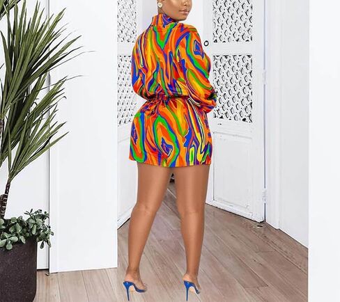 Women's Sexy Long Sleeve Rompers Deep V Neck Elastic Waisted Printed Shorts Jumpsuits One Piece Outfit in Kuwait