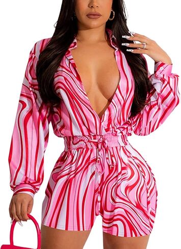 Women's Sexy Long Sleeve Rompers Deep V Neck Elastic Waisted Printed Shorts Jumpsuits One Piece Outfit in Kuwait