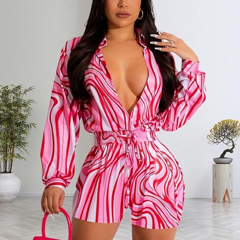 Women's Sexy Long Sleeve Rompers Deep V Neck Elastic Waisted Printed Shorts Jumpsuits One Piece Outfit in Kuwait