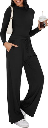 iGENJUN Women's 2 Piece Sets Fall Winter Long Sleeve Lapel Half Zip Shirts Wide Leg Pants Lounge Tracksuit Matching in Kuwait