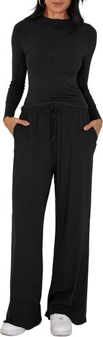 iGENJUN Women's 2 Piece Sets Fall Winter Long Sleeve Lapel Half Zip Shirts Wide Leg Pants Lounge Tracksuit Matching in Kuwait