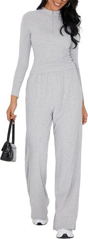 iGENJUN Women's 2 Piece Sets Fall Winter Long Sleeve Lapel Half Zip Shirts Wide Leg Pants Lounge Tracksuit Matching in Kuwait