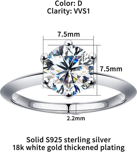 Moissanite Rings for Women, D Color Round Solitaire Lab Created Diamond Ring 18K White Gold Plated 925 Sterling Silver 6 Prong Moissanite Engagement Ring in Saudi Arabia