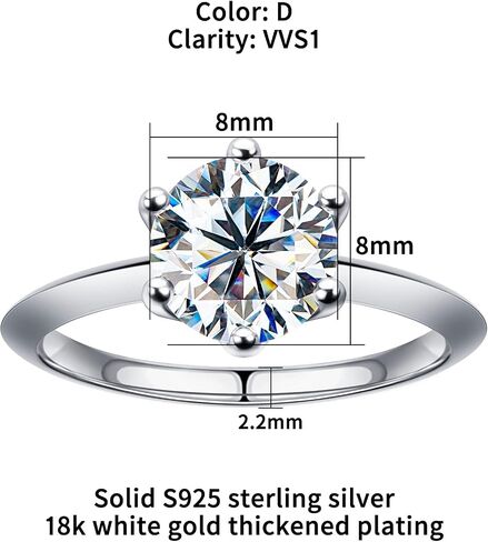 Moissanite Rings for Women, D Color Round Solitaire Lab Created Diamond Ring 18K White Gold Plated 925 Sterling Silver 6 Prong Moissanite Engagement Ring in Saudi Arabia