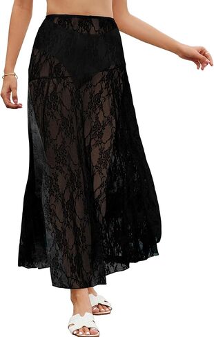 Bsubseach Women Summer Lace Maxi Skirt Elastic Waist Sheer Beach Cover Up Long Skirts in Saudi Arabia