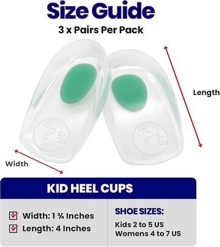 Armstrong Amerika Kids Kids Heel Cups - 3 أزواج من وسائد كعب هلام لتخفيف آلام الكعب. منصات كعب الهلام ، إدراج التهاب اللفافة الأخمصية لالتهاب الأوتار في أخيل ، توتنهام الكعب ، سرب المرضى 2-5 ، صغير in Kuwait