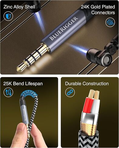 BlueRigger 3.5mm to 6.35mm Audio Cable (10FT, 90 Degree Bi-Directional, 3.5mm 1/8" Male to 6.35mm 1/4" Male TRS, Right Angled Braided Stereo Audio Cable for Cellphone, Amplifiers, Guitar, Speaker in Kuwait