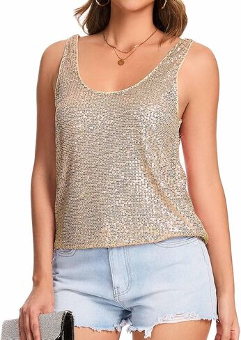 Ainuno Sequin Tops for Women Sparkly Tank Tops Sleeveless Sparkle Tanks Fashion Outfit Top in Kuwait