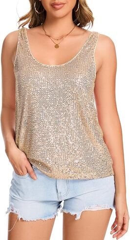 Ainuno Sequin Tops for Women Sparkly Tank Tops Sleeveless Sparkle Tanks Fashion Outfit Top in Kuwait