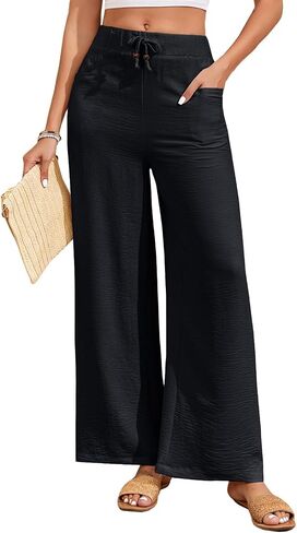 ALSOGO Women's Palazzo Pants Dressy Drawstring Elastic Waist Casual Wide Leg Trousers with Pockets 2025 Summer in Saudi Arabia