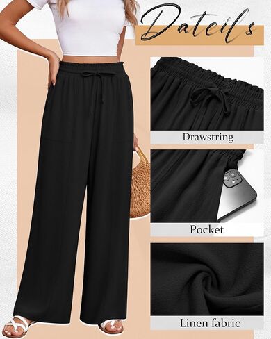 Huukeay Linen Linen Wide Bants ، سراويل قصر عالية الخصر مع سراويل عمل غير رسمية صيف الصيف in Kuwait