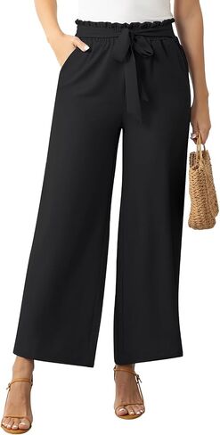 Women's Wide Leg Lounge Pants 2025 Spring High Waisted Work Casual Adjustable Tie Knot Loose Trousers with Pockets in Saudi Arabia