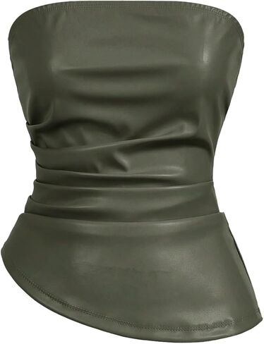 MakeMeChic Women's Faux Leather Strapless Tube Tops Asymmetrical Ruched Backless Corset Crop Going Out Tops in Saudi Arabia
