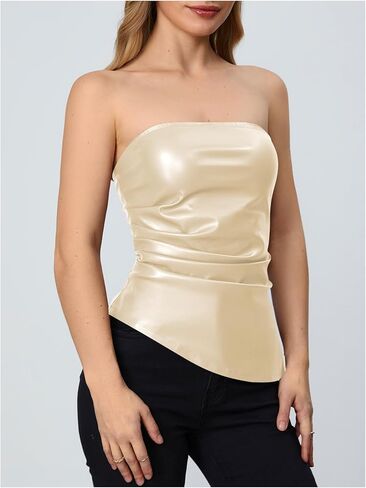 Makemechic Women's Faux Leather Tube Tubs قم بتصميم محصول مشد عاريات غير متناظرة. in Saudi Arabia
