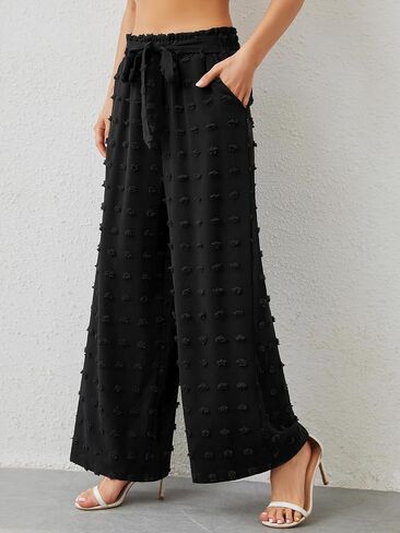 Women's Wide Leg Lounge Pants 2025 Spring High Waisted Work Casual Adjustable Tie Knot Loose Trousers with Pockets in Saudi Arabia