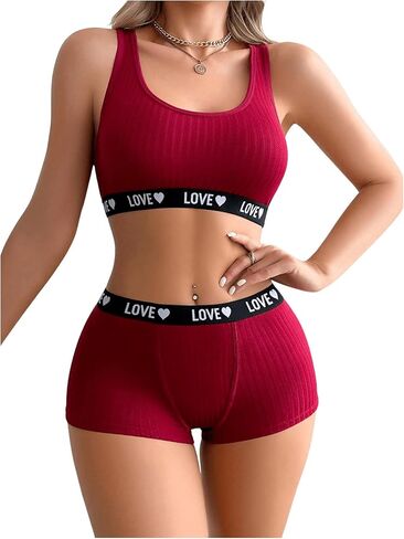 Women's 2 Piece Letter Print Lingerie Set Sleeveless Scoop Neck Sports Bras and Boyshorts Set in Saudi Arabia