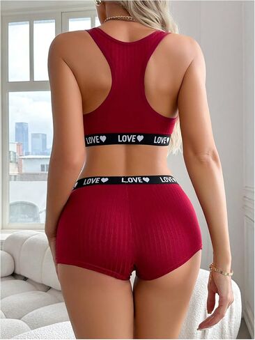 Women's 2 Piece Letter Print Lingerie Set Sleeveless Scoop Neck Sports Bras and Boyshorts Set in Saudi Arabia