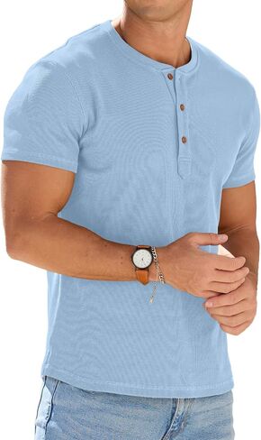 Sailwind Mens Muscle Slim Henley قمصان قصيرة الأكمام القمصان الرياضية القطن الزر الصيف المحمل in Kuwait