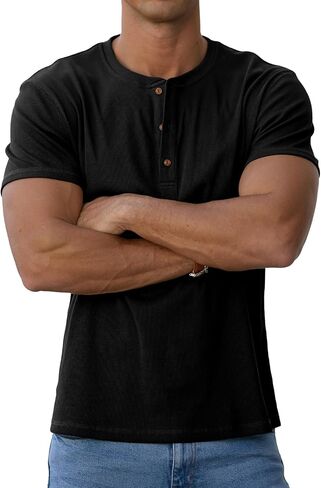 Sailwind Mens Muscle Slim Henley قمصان قصيرة الأكمام القمصان الرياضية القطن الزر الصيف المحمل in Kuwait