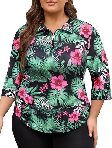 Plus Size Golf Polo Shirts for Women 3/4 Sleeve Quarter Zip Pullover Quick Dry Workout Tops XL-5XL in Kuwait