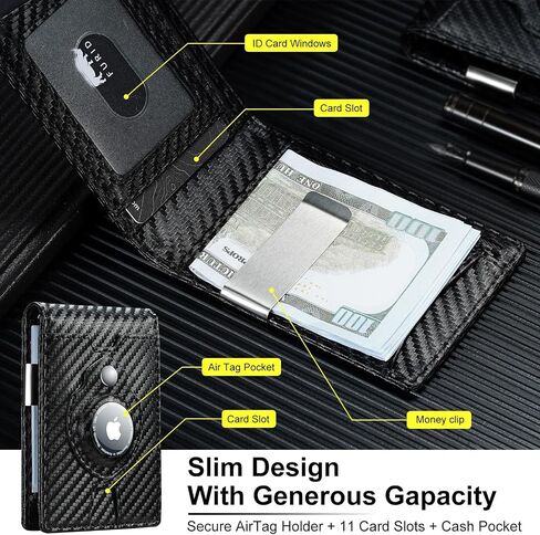 furid Airtag Wallet Men Slim: RFID Card Wallet with Airtag Holder - Apple Air Tag Wallet for Men - Minimalist Front Pocket Bifold Leather Wallet with Money Clip (Carbon Fiber) in Saudi Arabia