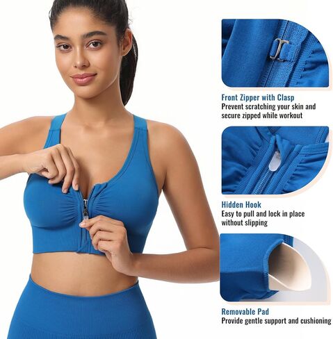 Zip Front Sports Bras for Women Adjustable Racerback Medium Support Bras Padded Post-Surgery Bras Seamless Yoga Athletic Bra in Saudi Arabia