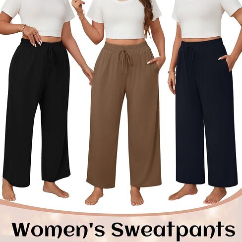 Neer 3 Pack Women's Plus Size Wide Leg ، سراويل صالة مرنة مع الجيوب الرباطية غير الرسمية PJ اليوغا. in Saudi Arabia