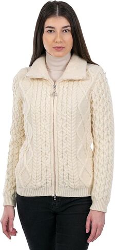 SAOL 100% Merino Wool Irish Cable Knit Zip Bomber Jacket with Pockets for Ladies in Kuwait