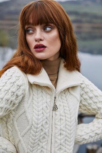 SAOL 100% Merino Wool Irish Cable Knit Zip Bomber Jacket with Pockets for Ladies in Kuwait