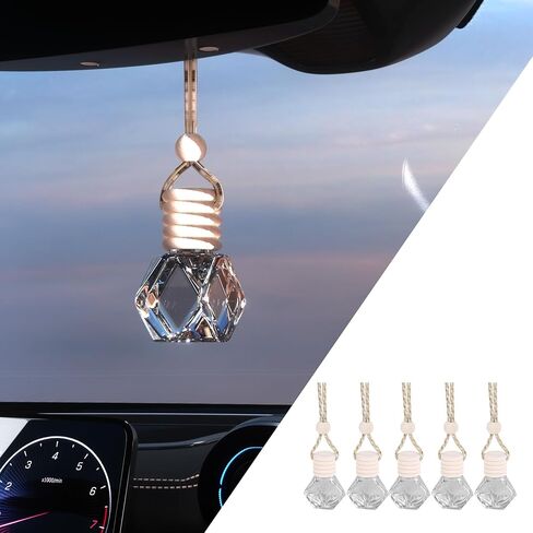 5PCS Hanging Car Air Freshener, Auto Interior Decoration 8 ml Oil Diffuser Perfume Aromatherapy Pendant Empty Glass Bottle, Fragrance Ornament with Vent Clip Wooden Cap and Rope (5, Rhombic) in Saudi Arabia