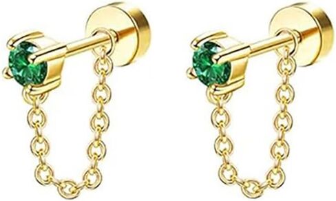 20G Emerald CZ Chain Dangle Cartilage Stud Earrings for Women Stainless Steel Conch Helix Tragus Flat Back Earrings Studs Labret Lip Rings Cartilage Piercing Jewelry in Saudi Arabia