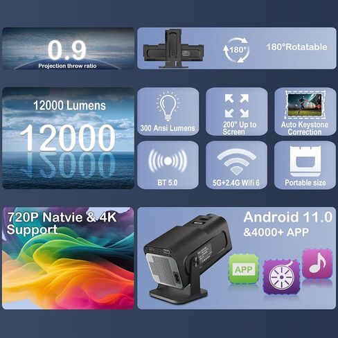 جهاز عرض صغير مع WIFI وبلوتوث، جهاز عرض محمول يدعم 4K 1080P، جهاز عرض ذكي مع Android 11.0، حجر مفاتيح تلقائي، جهاز عرض أفلام محمول خارجي يدور 180 درجة، HY300Pro in Saudi Arabia