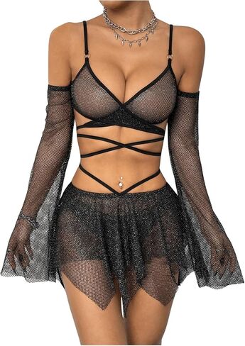 OYOANGLE Women's 2 Piece Mesh Sheer Criss Cross Crop Top and Asymmetrical Mini Skirt Party Rave Outfits in Saudi Arabia