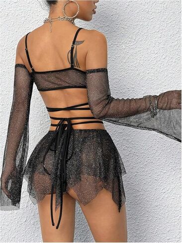 OYOANGLE Women's 2 Piece Mesh Sheer Criss Cross Crop Top and Asymmetrical Mini Skirt Party Rave Outfits in Saudi Arabia