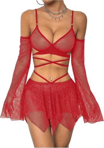 OYOANGLE Women's 2 Piece Mesh Sheer Criss Cross Crop Top and Asymmetrical Mini Skirt Party Rave Outfits in Saudi Arabia