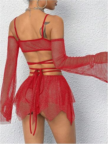 OYOANGLE Women's 2 Piece Mesh Sheer Criss Cross Crop Top and Asymmetrical Mini Skirt Party Rave Outfits in Saudi Arabia