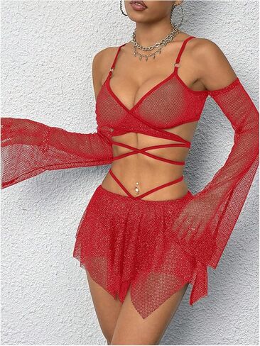 OYOANGLE Women's 2 Piece Mesh Sheer Criss Cross Crop Top and Asymmetrical Mini Skirt Party Rave Outfits in Saudi Arabia