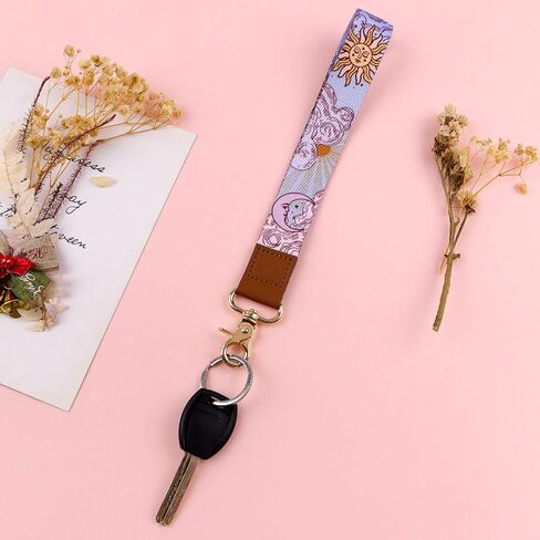 Purple Sun Leather Wrist Keychain – Cute Wristlet Lanyard Key Chain, Key Lanyard with Metal Clasp for Keys & Badge Holder, Occult Aesthetic Accessories for Women, Girls, Kids in Saudi Arabia